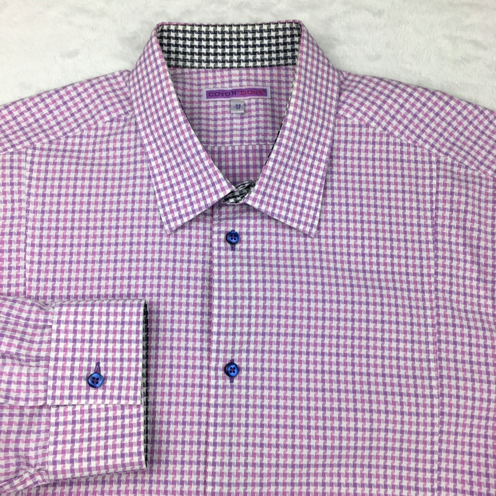 COTON DOUX Dress Shirt Mens 17 (43) Pink/Purple Print Contrasting Trim